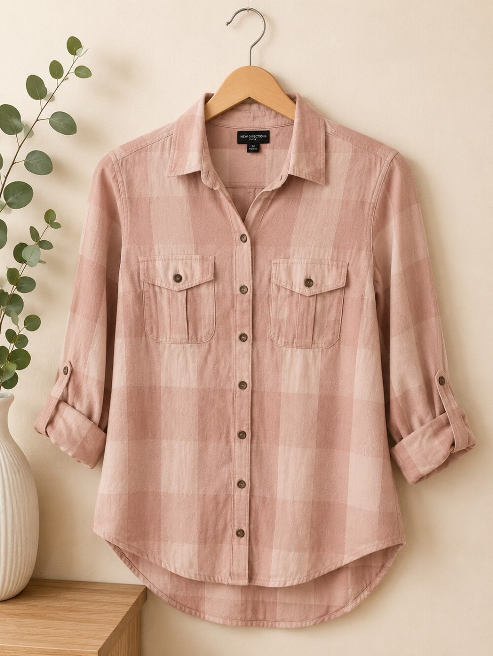 New Directions Pink Plaid Button Down Shirt Petite Medium Roll Tab Sleeve